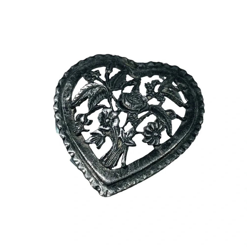 Vintage Pewter Glass Rose Heart Trinket Jar Jewelry Dish Goth Gothic Whimsigoth